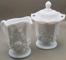 Vtg Westmoreland Milk Glass Sugar/Creamer Set Paneled Grape 1940s-80s picture