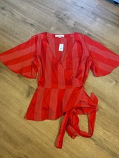 LOFT Peplum Top Womans M Red Dobby Stripe Wrap Flutter Sleeves NWT Cottagecore picture