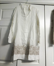Temptation Positano White 100% Linen A-Line V-Neck Embroidered Dress Sz M picture