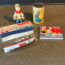 Vintage Popeye Bank, Tin Speedboat, Spinach Can, and Paints Tin picture