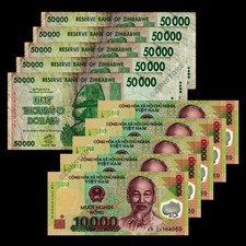5 x 10,000 Dong Vietnam VND Banknotes + 5 x 50,000 Dollars Zimbabwe Currency Set picture