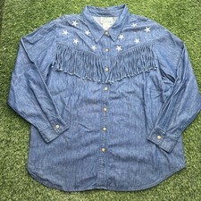 Vintage 90s Quacker Factory Denim Womens 1X Blue Fringe USA Stars Flag picture