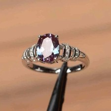 2.00Ct Oval Cut Natural Alexandrite Solitaire Ring 14K White Gold Plated Silver picture