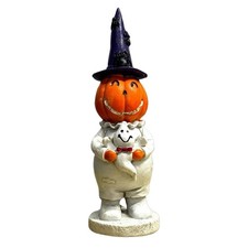 Pumpkin Man with Hat Statue Smiling Pumpkin Head Man Figurine Halloween Decor picture