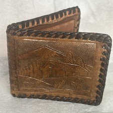 VTG 70s Hand tooled Leather Bifold PUEBLITO cacti  Theme Whipstitch trim4x3” picture