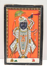 Vintage Hand Painted Shrinathji Pichwai Painting Indian Krishna Folk Art Orange picture