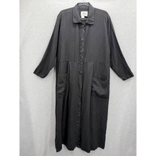 FLAX Shirt Dress Women Medium Black Linen Long Sleeve Button Front Maxi Pockets picture