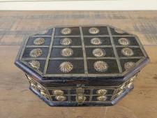 Vintage Handmade Indian Wooden TRINKET BOX w/ Studded BRASS Gold Tone Inlays EUC picture
