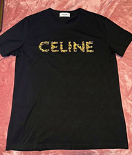 CELINE Men’s Black Crew Neck Short Sleeve T-Shirt Gold Logo Graphic Print picture