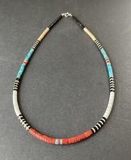 Santo Domingo Turquoise Sterling Heishi Necklace Signed Mary Calabaza 18
