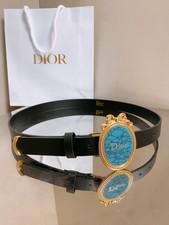 DIOR Women's Black Belt Gold Oval Turquoise Logo Buckle Designer With Bag. picture