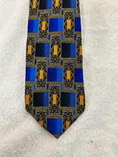 Tom James 100% Silk Woven Geometric Men's Tie Blue Gold Black Abstract picture