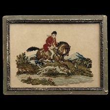 Antique 1850 - 1880 Victorian Berlin Woolwork Equestrian Hunt Scene Framed picture