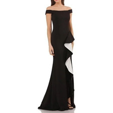Carmen Marc Valvo Infusion Maxi Ruffle Dress 14 Black White Colorblock Gown NEW picture