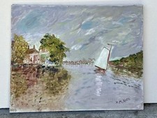 Signed H.M. Kalt Original Oil Painting Sailboat River Landscape 20x24 picture