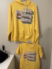Disney Parks Walt Disney World Retro 70s Logo Yellow Sweatshirt Med & T-Shirt SM picture