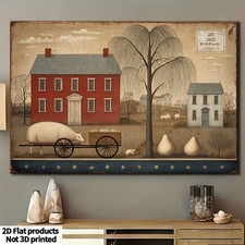 Primitive Folk Art House Sheep Stamp Canvas Wall Art Country Vintage Home Decor picture