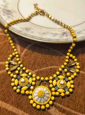 Vtg J Crew Radiant Blooms Necklace Citron Yellow Floral Bib Collar Crystals picture