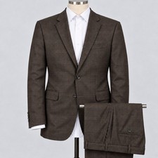 Jos.A.Bank Mens 44S 38x27 100% WOOL 2 Piece Suit Flat Front Brown Glen Plaid picture
