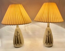 Pair 1950s Matching Textured Ceramic Table Lamps with Giraffes & Pleated Shades picture