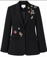 Cinq A Sept Blazer Womens 10 Black Embellished Embroidered Floral Oversized picture