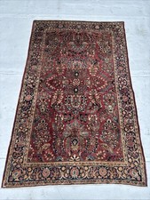 4 X 7 Antique Oriental Rug C. 1925 Deep Rose Field Navy Sky Blue Sand Full Pile picture
