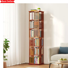 6 Tier Rotating Bookshelf 360° Bamboo Tower Bookcase Walnut 67.5