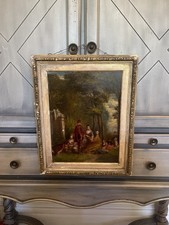 Antique 19thC Oil Painting On Board - Romantic Garden Courting Scene  picture
