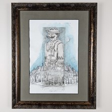 ART - VTG Odd Illegibly Signed Watercolor Pencil Woodcut 20.25x16.25 Framed Art picture
