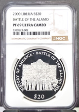 2000 LIBERIA SILVER 20 DOLLARS BATTLE OF THE ALAMO NGC PF 69 ULTRA CAMEO TOP POP picture