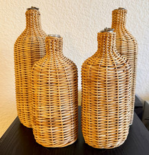 Vintage Chambers Wicker Wrapped Glass Bottles Set of 4 Rattan Decanter Vase Boho picture