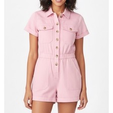 SHOW ME YOUR MUMU Cannon Romper Shorts BUBBLEGUM PINK DENIM Distressed Pockets S picture