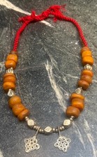 Vintage Morocco Berber Copal Amber and Silver Bead with Silver Dangle Necklace picture
