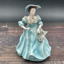 Florence Ceramics Pasadena CA “Annabel” Figurine Blue Dress w White & Gold 8.5