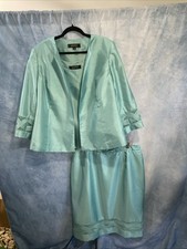 Vtg 90s Y2K Kasper 3Pc Skirt Suit 18W Plus Turquoise Aqua Shimmer Lattice Cutout picture