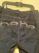 bebe Women's Black Skinny Jeans Slim Fit Stretch Denim Rhinestone Logo 5-Pocket picture