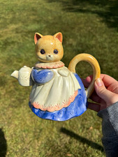 Vintage Takahashi Cat Teapot Hand Painted Ceramic Kitty in Apron Japan 1980s picture