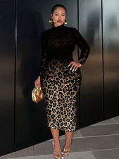 Plus Size Stretch Leopard Print Midi Ombre Dress Knit Bodycon 1XL 2XL 3XL 4XL  picture