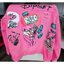 Dipset Custom Denim Jacket Men XL Pink Rico Graphic Distressed Chain Y2K Hip Hop picture