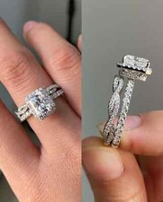 2 PCs Twisted Band Hidden Halo Moissanite Radiant Cut Wedding Ring Set For Her picture