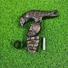 Antique Gothic Crow & Skull Walking Cane Carved Wooden Stick Aluminum Handle picture
