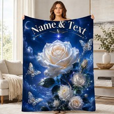 Personalized Celestial White Roses Butterflies Fleece Blanket picture