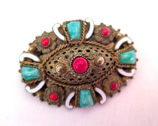 NEIGER BROTHERS 1920'S CZECH PEKING GLASS & FILIGREE BROOCH picture