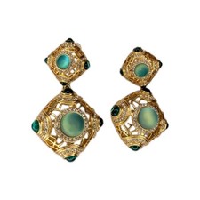 Vintage Kovonchy Signed Sage Green Frosted Cabochon Gold Tone Drop Dangle... picture