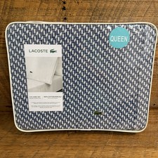 Lacoste Queen 100% Cotton Percale 4 Pc Sheet Set Mini Geo Logo Vintage Indigo picture