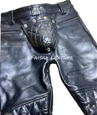 Men's Real Cow Leather Bikers Front Hole & Back Zip Quilted Pant Sexy Gay Jeans picture