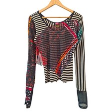 Vintage Save The Queen Y2K Mesh Top Long Sleeve Patchwork Stripe Indie Sleaze L picture