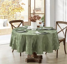 Elegant Woven Leaves Jacquard Damask Oval Tablecloth Olive Green Wrinkle Res NWT picture