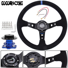 Black 345mm/14inch Suede Racing Steering Wheel Blue Ring + Quick Release Adapter picture