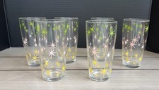6- Vintage MCM Starburst Hazel Atlas Atomic Glasses Green,Pink,Yellow 5.75” picture
